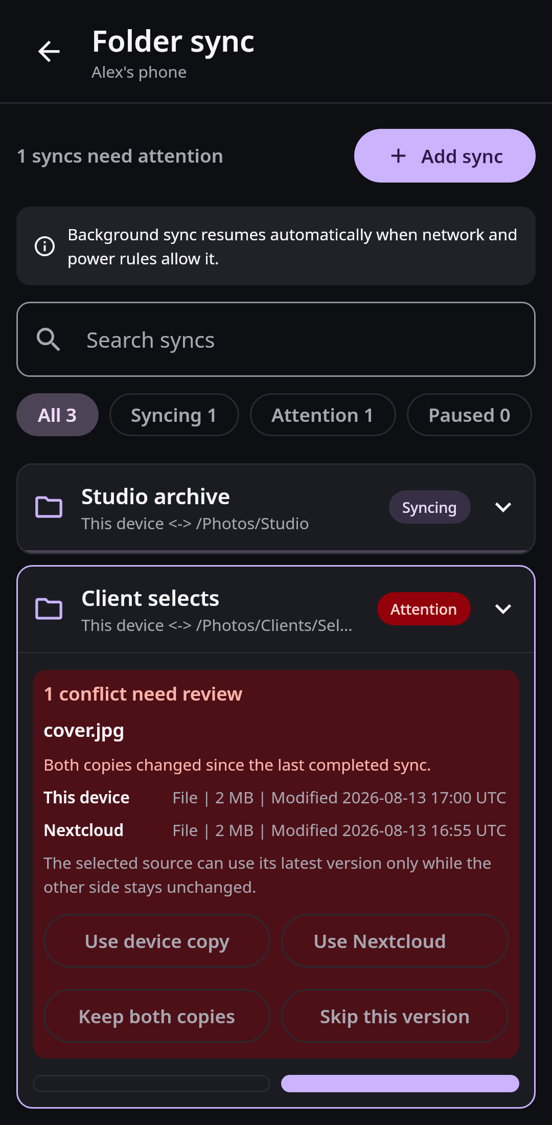 Nextcloud Native Android folder-sync center showing pair direction, queued work, last run, background schedule, conflicts, failures, and recovery actions